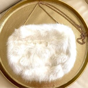 Forever21 Faux Fur White Clutch Shoulder Crossbody Bag with Gold Chain Fluffy